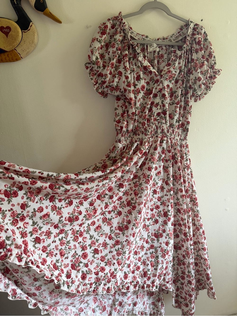 Floral Prairie Boho Midi Dress with Puff Sleeves - White with Red Rose Print